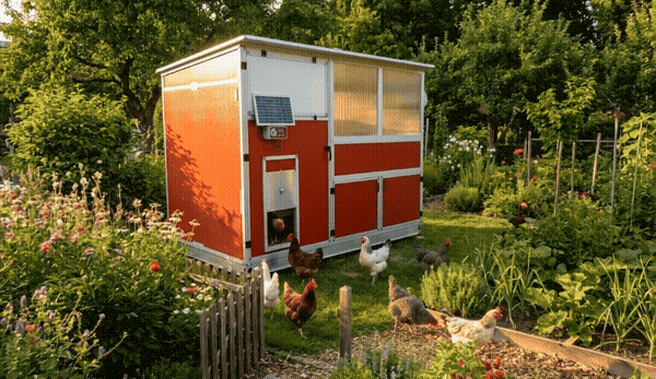 Hühnerstall GALLUS mit Hühnern im Garten APS Arosio